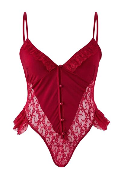 Trendyol Curve Body cu volane cu dantelă burgundă, fără capac, mărime mare TB...