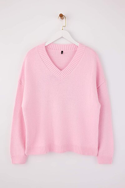Trendyol Curve Wardrobe Essentials Pink Basic Wide Fit Soft Textured Knitwear...