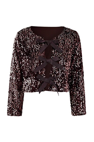 Trendyol Collection Brown Front Tie Sequin Jacket Tpraw26Ce00001