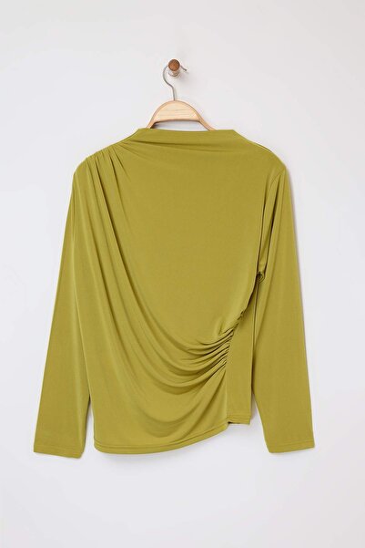 Trendyol Curve Oil Green Sandy Ruched Detail Long Arm Knitted Plus Size Blous...