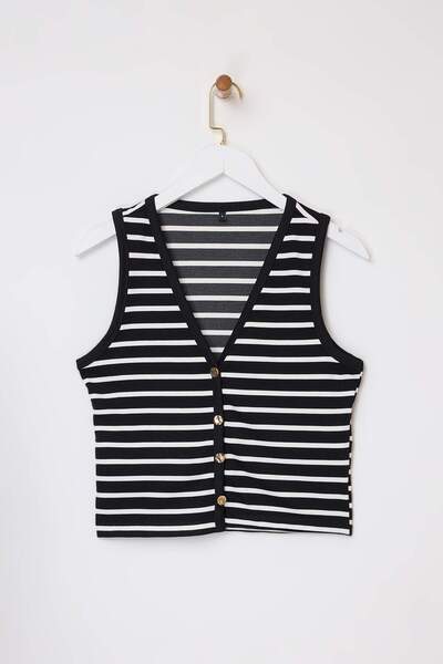 Trendyol Collection Black Striped Fitted/Bodycon V-Neck Button Sleeveless Int...