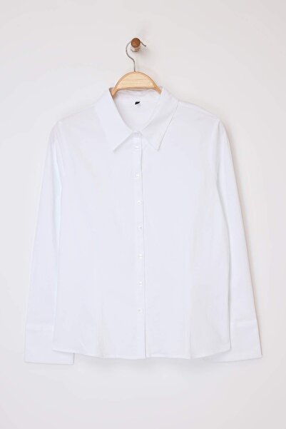 Trendyol Curve Wardrobe Essentials White Lightweight Fitted Waist Cotton Wove...