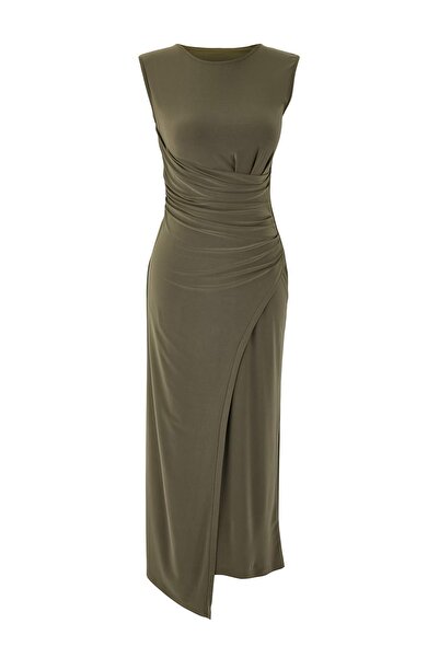 Trendyol Collection Khakifarbenes, ärmelloses, flexibles Strickkleid in A-Lin...