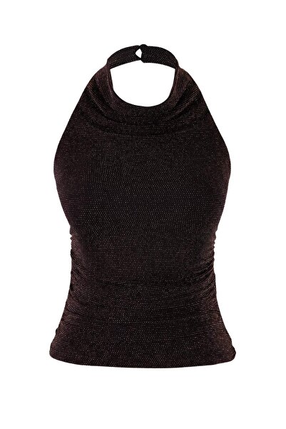 Trendyol Collection Gold High Degaje Collar Glitter Knitted Party Blouse Tprs...