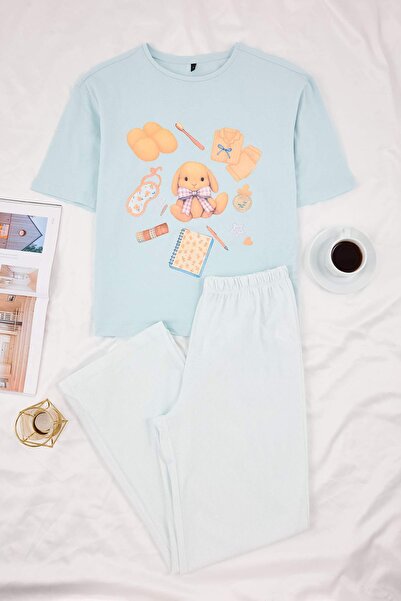 Trendyol Collection Μπλε 100% βαμβακερό σετ πιτζάμες με ρίγες και πλεκτό σχέδ...