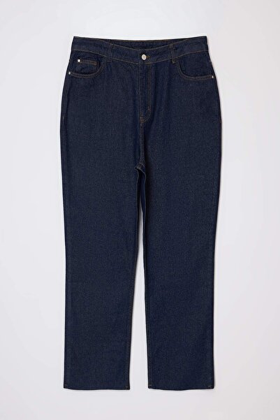 Trendyol Curve Dark Blue Cut-Out Leg High Waist Straight Fit Plus Size Jeans ...