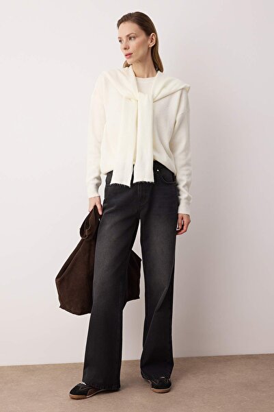 Trendyol Collection Ecru Soft Textured Wide Fit Shawl Knitwear Sweater Twoaw2...