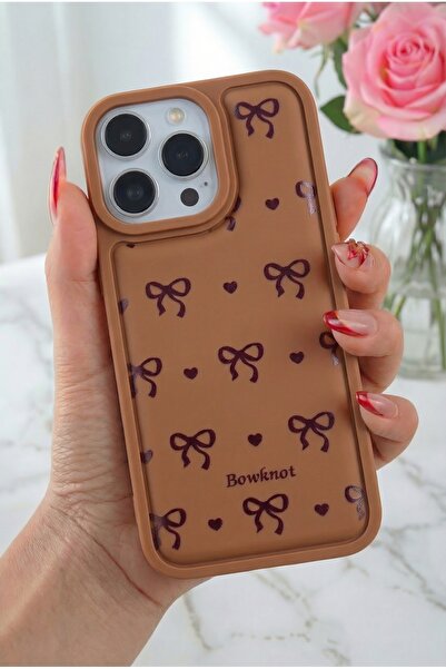 Fibaks Apple iPhone 14 Pro Max Kılıf Yumuşak Dokulu Fiyonk Desenli Kahverengi...