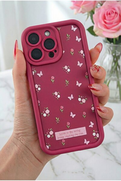 Fibaks Apple iPhone 14 Pro Max Kılıf Yumuşak Dokulu Kelebek ve Gül Desenli Yu...