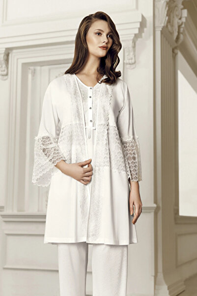 Artış Set pijamale pentru femei ecru 3 piese - 6304-1