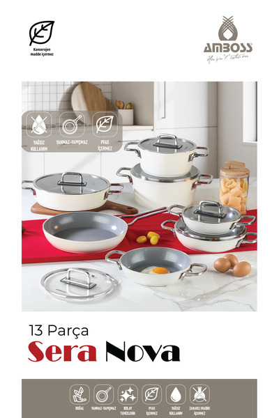 Amboss طقم قدور ومقالي وصلصة سيراميك من سيرا نوفا مكون من 13 قطعة باللون الأبيض