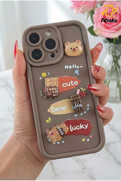 Fibaks İphone 15 Pro Kılıf Tasarımlı Desenli Kamera Korumalı Ayıcık Kahve Ren...