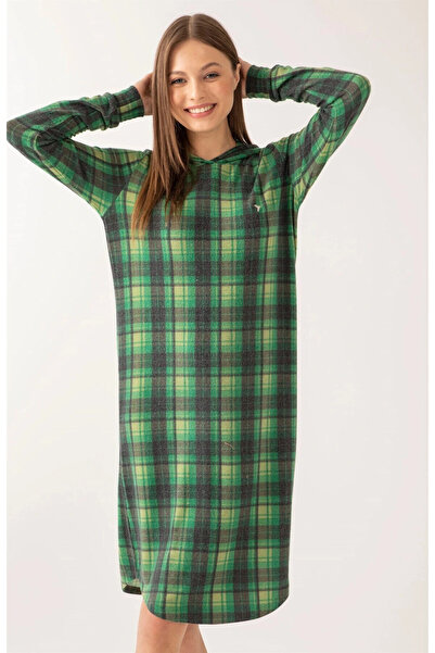 Pamuk & Pamuk Πράσινο καρό γυναικείο νυχτικό με κουκούλα