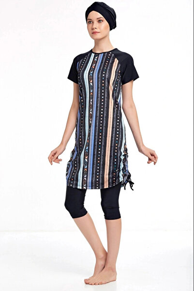 Adasea Women's Lycra Semi Covered Short Sleeve Hijab Swimsuit 3409 Black