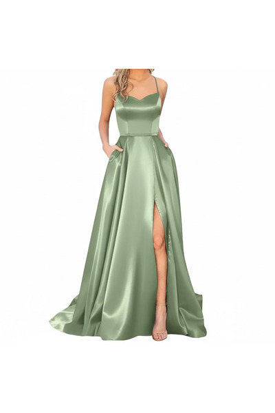 OEM Μακρύ βραδινό φόρεμα σε γραμμή Α με τσέπες, ενσωματωμένο σουτιέν, πράσινο, XS
