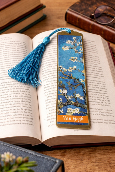 RenkliİzlerAtölyesi علامة كتاب معدنية ذات طابع فني (فان جوخ - زهور اللوز)