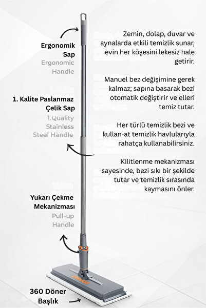 ERKUGO Otomatik Paspas, Temizlik Seti, Kolay Mop, Silme Bezli Paspas , Click Mop, One Touch Mop