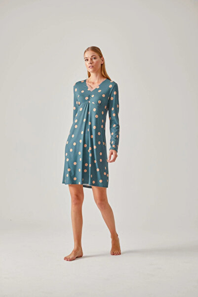 Pamuk & Pamuk Viscose Green Polka Dot Patterned Lace Women's Nightgown