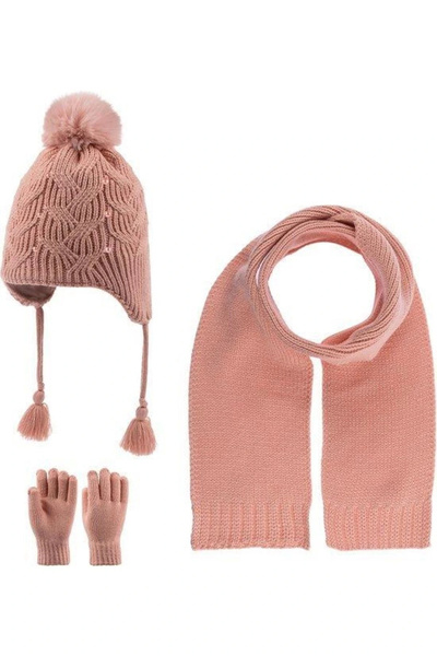 Kitti Atkı Bere Eldiven 4-8 Çocuk 3'lü Takım Kız Çocuk Pembe