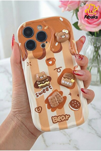 Fibaks İphone 15 Pro Kılıf Tasarımlı Desenli Kamera Korumalı Ayıcık Bisküvi R...