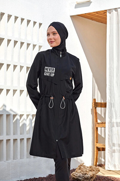 Adasea Ever μακρυμάνικο νέον λεπτομερές μαγιό με φερμουάρ Full Hijab 1402-25 Μαύρο