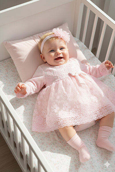 Miniday Baby Kız Bebek Mevlütlük Elbise Bandanalı Dantelli