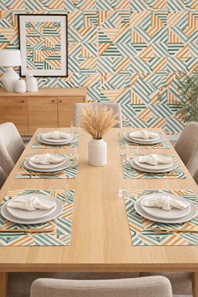 ALAMODECOR 6'lı Çizgili Turkuaz Turuncu Renk Baskılı Kumaş Amerikan Servis ! ...