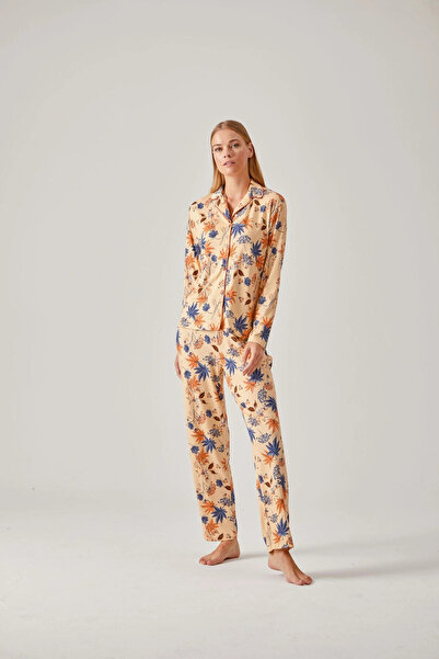 Pamuk & Pamuk Viscose Women's Pajama Set - Apricot Color Flower Patterned, Buttoned Front