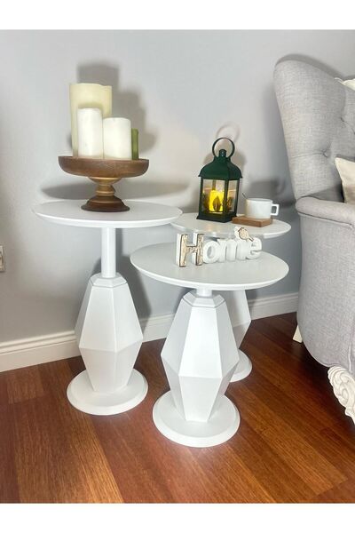 Genel Markalar Üçlü Mantar Prizma Mdf Beyaz Zigon Sehpa