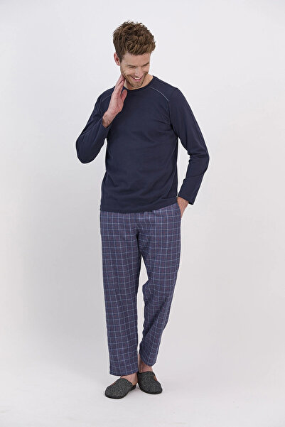 Arnetta Set de pijamale cu mânecă lungă pentru bărbați în carouri bleumarin