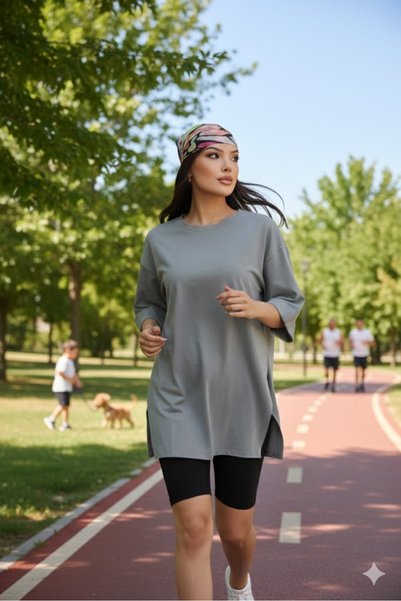 MOVİMENT Gray Oversize Double Sleeve Long T-Shirt with Side Slits |   Cotton Basic Crew Neck Single Jersey Fabric Casual Comfortable T-Shirt |   Standard Size All Season
