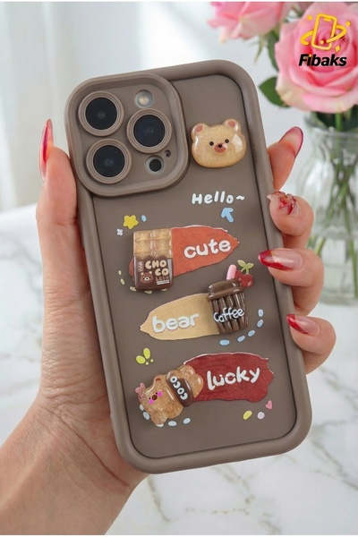 Fibaks İphone 15 Pro Max Kılıf Tasarımlı Desenli Kamera Korumalı Ayıcık Kahve...