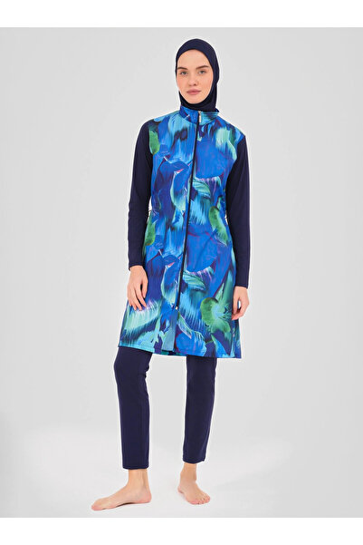 ALFASA Скромен бански с естествен шарен мотив - тъмносин -