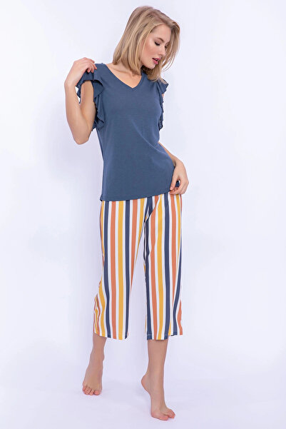 Pierre Cardin Fırfır Detaylı Denim Mavisi Kadın Kapri Takım