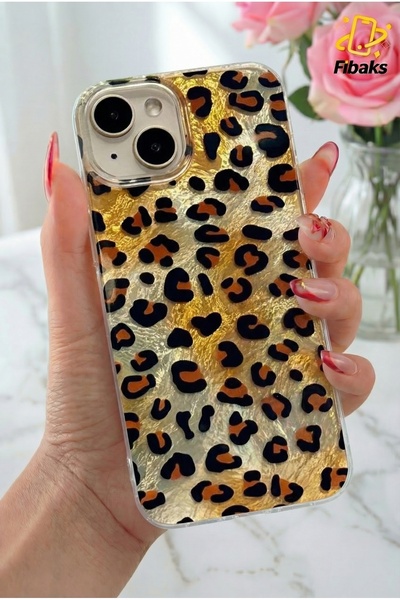 Fibaks حافظة آيفون 13/14/15 بنمط الفهد البني الهولوغرامي، مصنوعة من السيليكون المقاوم للصدمات مع حماية للكاميرا
