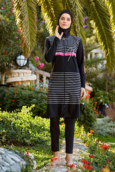 Adasea Maresiva Çizgili Fermuarlı Tesettür Mayo Takım Hijab Swimsuit