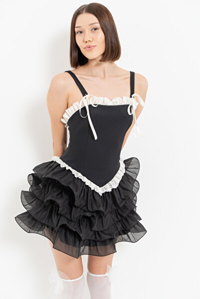 Kikiriki Siyah-Kirli Beyaz Dantel Fırfırlı Askılı Elbise