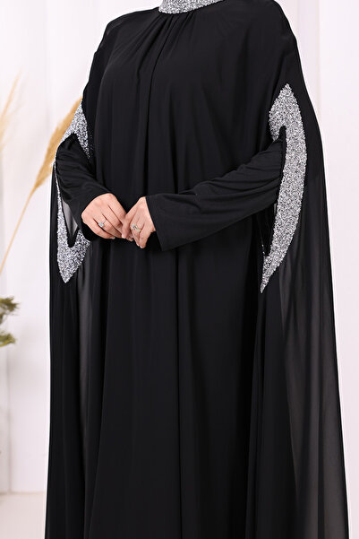 Bym Fashion Taş İşleme Detaylı Elbiseli Pelerin Takım 3875 Siyah