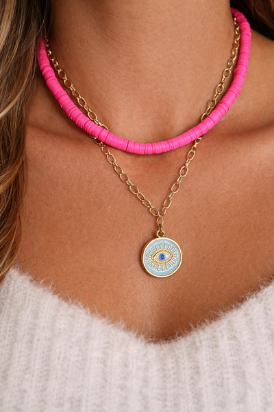 HERCY İkili Kombin Kolye | Fuşya Fimo ve Zincir Göz Kolye | Altın Kaplama Kolye | Fimo Boncuk Kolye