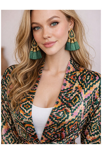 QYMOS PRIVE كيمونو شيفون ساتان منقوش بنمط عرقي (شعور أنك غير موجود)