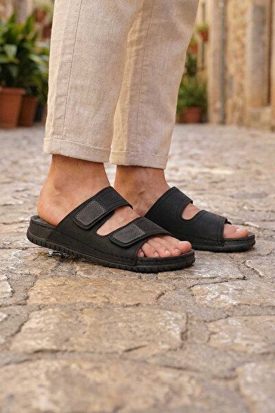 GEZER شبشب رجالي صيفي من الجلد الصناعي بنعل داخلي مريح وحزام فيلكرو قابل للتع...