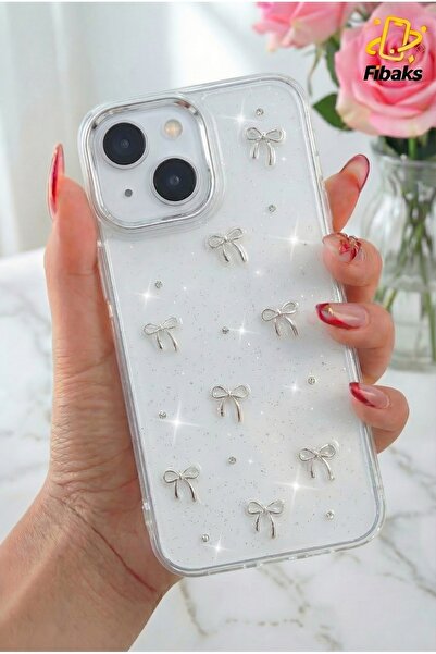 Fibaks Apple iPhone 14 Case Bow Pattern Transparent Glitter Silver Camera Protruding Glossy Cover