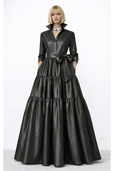 UNTIMELY Fırfırlı & Katman Detaylı Metalik Gri Maxi Tafta Gömlek Elbise