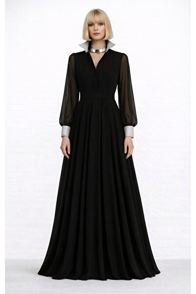 UNTIMELY Yakası & Manşeti Silver Payet Detaylı Siyah Astarlı Şifon Gömlek Elbise