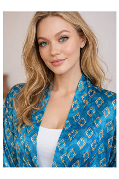 QYMOS PRIVE Antistatic Turquoise Khaki Ethnic Patterned Kimono Kaftan Daily S...