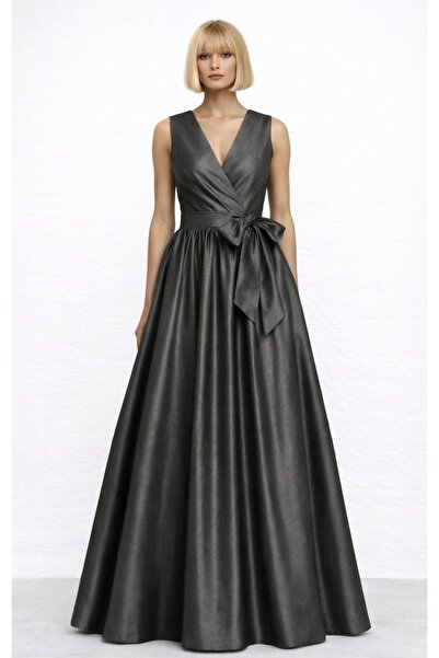 UNTIMELY Kruvaze Kapamalı & Seyyar Kuşaklı Metalik Gri Tafta Maxi Şık Elbise