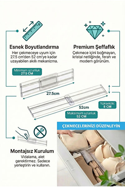 Kelira 3 Adet Akrilik Şeffaf Teleskopik Ayarlanabilir Çekmece Bölücü Düzenley...
