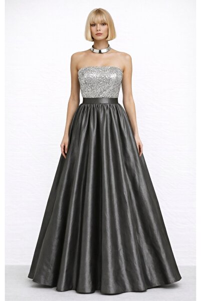 MERT ERKAN Metalik Gri Maxi Tafta Etek