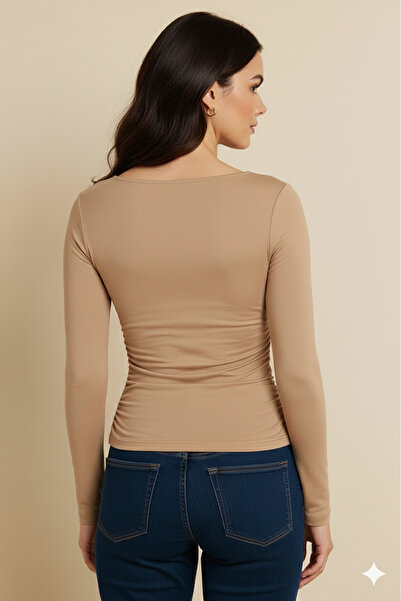 BY HUPE Open Shoulder Side Ruched Detail Sandy Knitted Beige Blouse