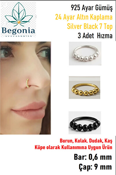 Begonia Accessories 925 Ayar Gümüş 7 Top 3 Adet Gold Silver Black Halka Hızma...